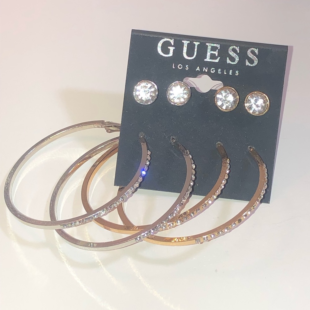 NWT Guess Silver & Rose Gold Hoop + Stud Earring Set – Rhinestone Accents - Picture 7 of 10